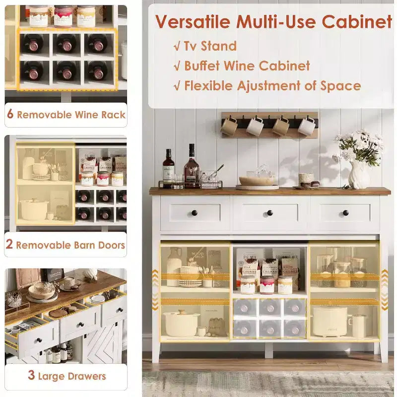Buffet de ferme avec porte coulissante de style grange et tiroir, étagère réglable et porte-bouteilles amovible