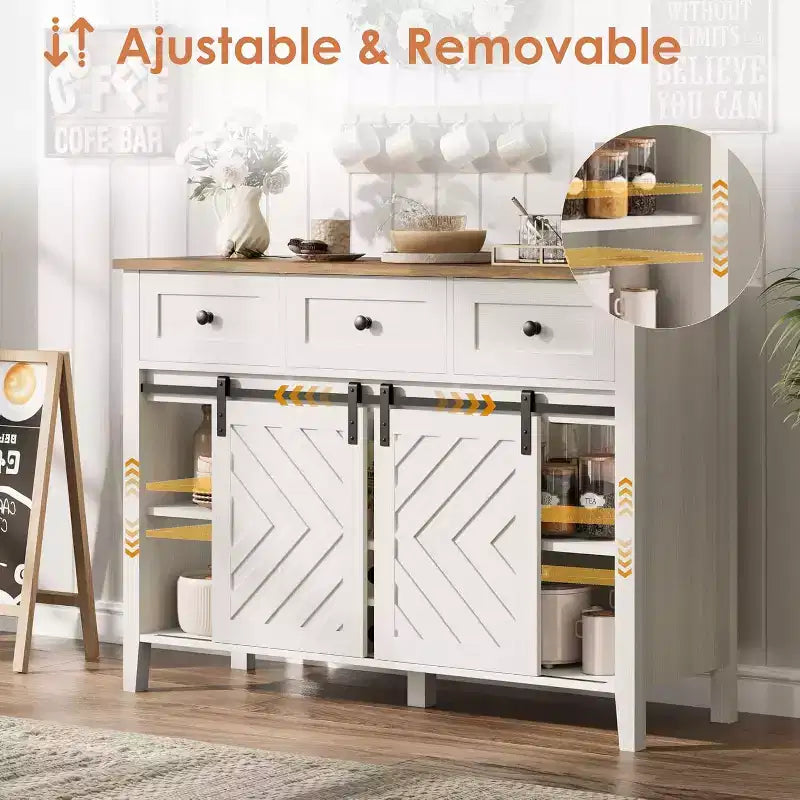 Buffet de ferme avec porte coulissante de style grange et tiroir, étagère réglable et porte-bouteilles amovible