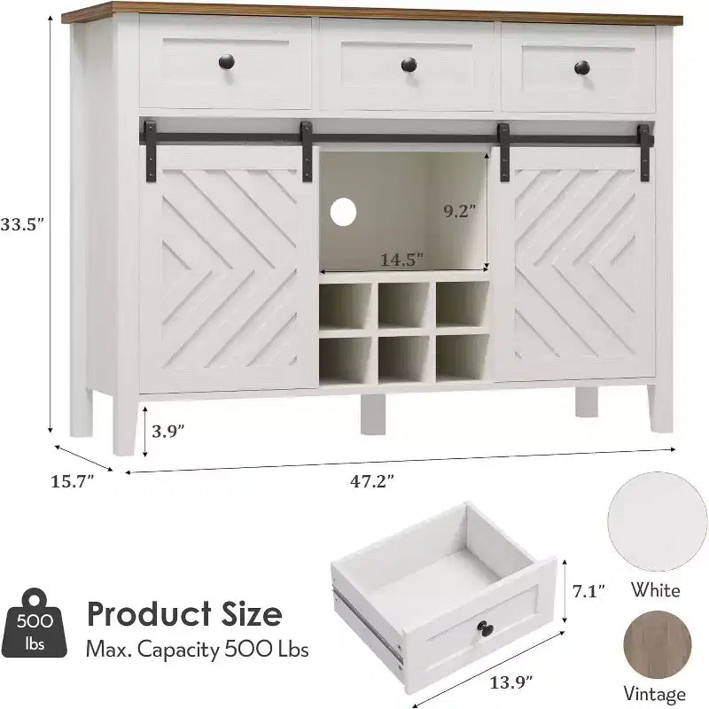 Buffet de ferme avec porte coulissante de style grange et tiroir, étagère réglable et porte-bouteilles amovible