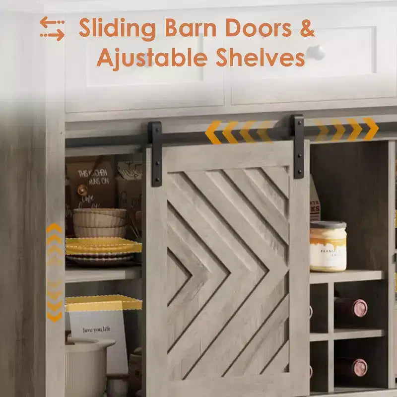 Buffet de ferme avec porte coulissante de style grange et tiroir, étagère réglable et porte-bouteilles amovible