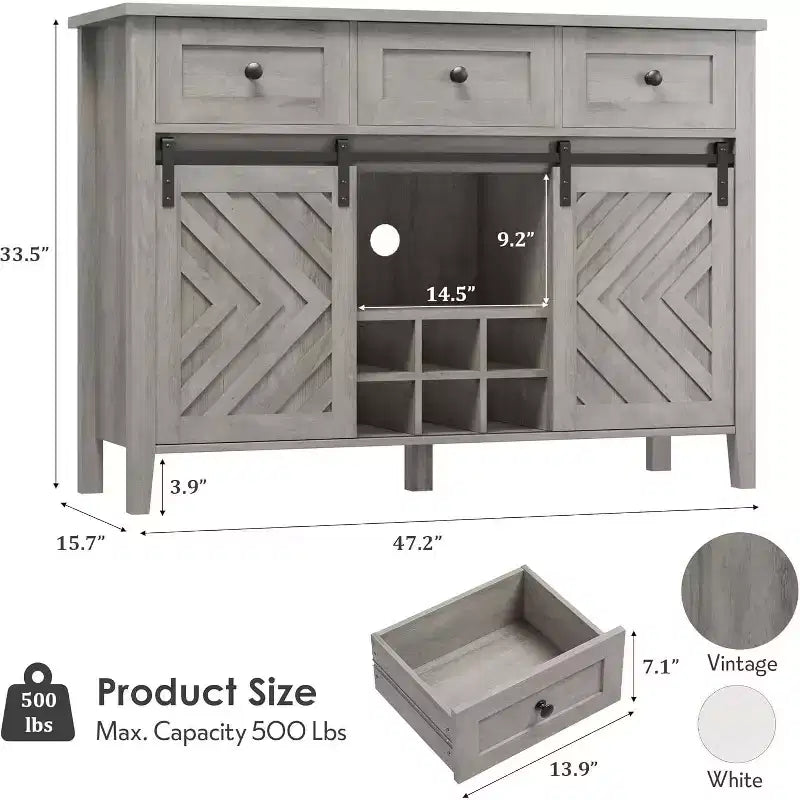 Buffet de ferme avec porte coulissante de style grange et tiroir, étagère réglable et porte-bouteilles amovible
