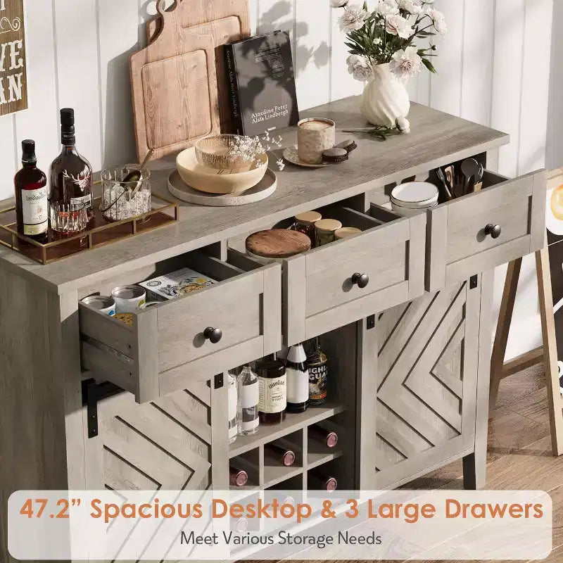 Buffet de ferme avec porte coulissante de style grange et tiroir, étagère réglable et porte-bouteilles amovible