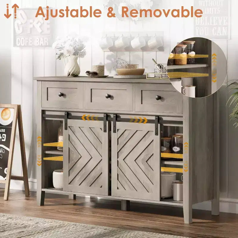 Buffet de ferme avec porte coulissante de style grange et tiroir, étagère réglable et porte-bouteilles amovible