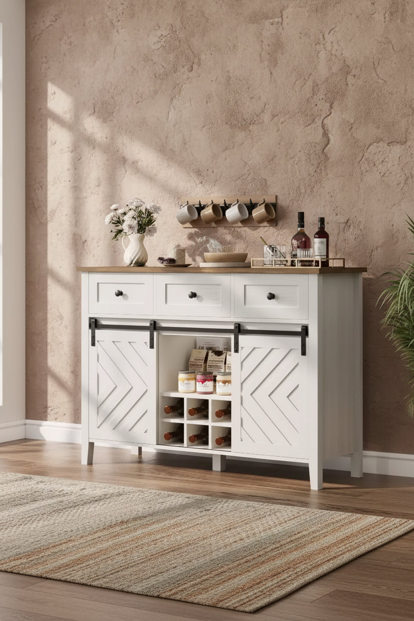 Farmhouse Buffet Cabinet with Sliding Barn Door and Drawer, Adjustable Shelf and Removable Wine Rack
