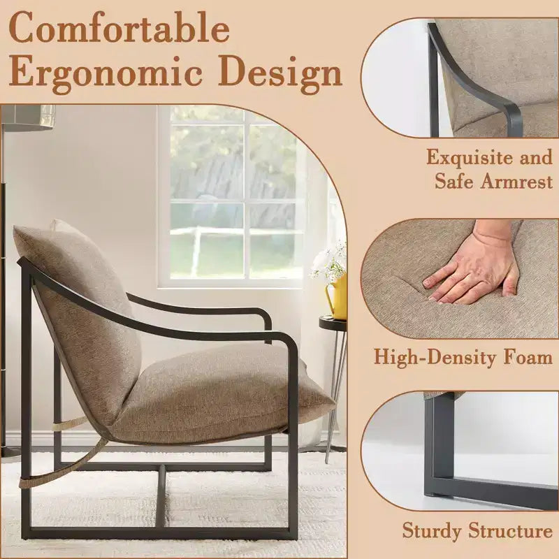Fauteuil d'appoint Sling - Chaise de salon à cadre métallique avec coussins amovibles, montage facile, portable, pour cour, balcon, chambre à coucher