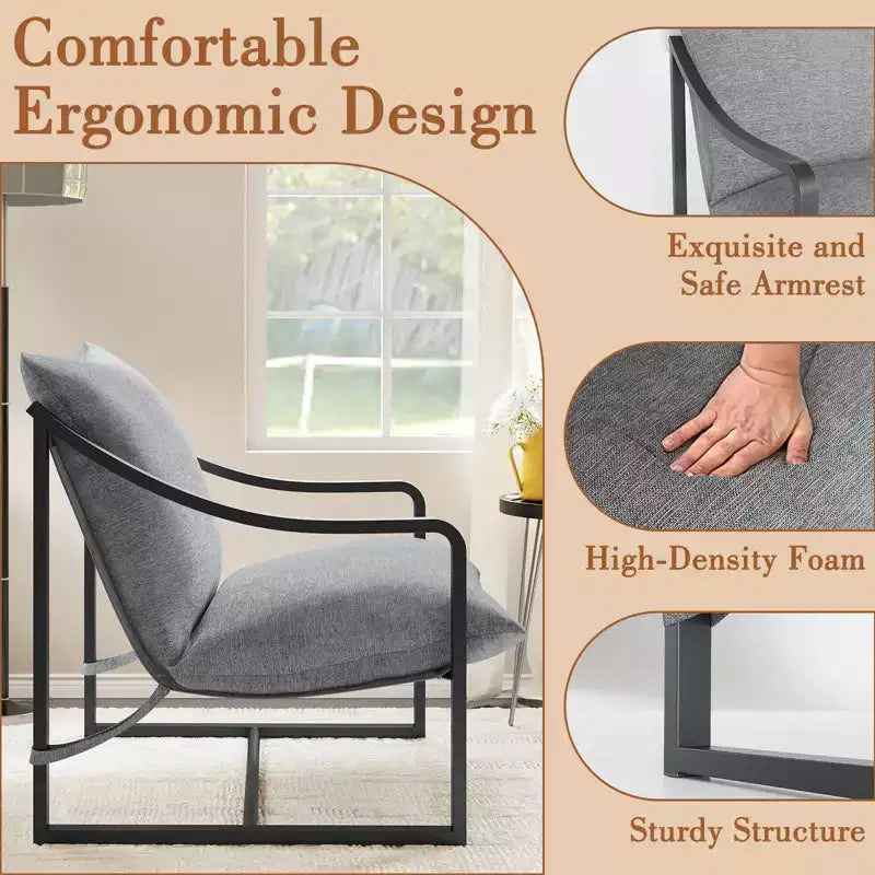 Fauteuil d'appoint Sling - Chaise de salon à cadre métallique avec coussins amovibles, montage facile, portable, pour cour, balcon, chambre à coucher