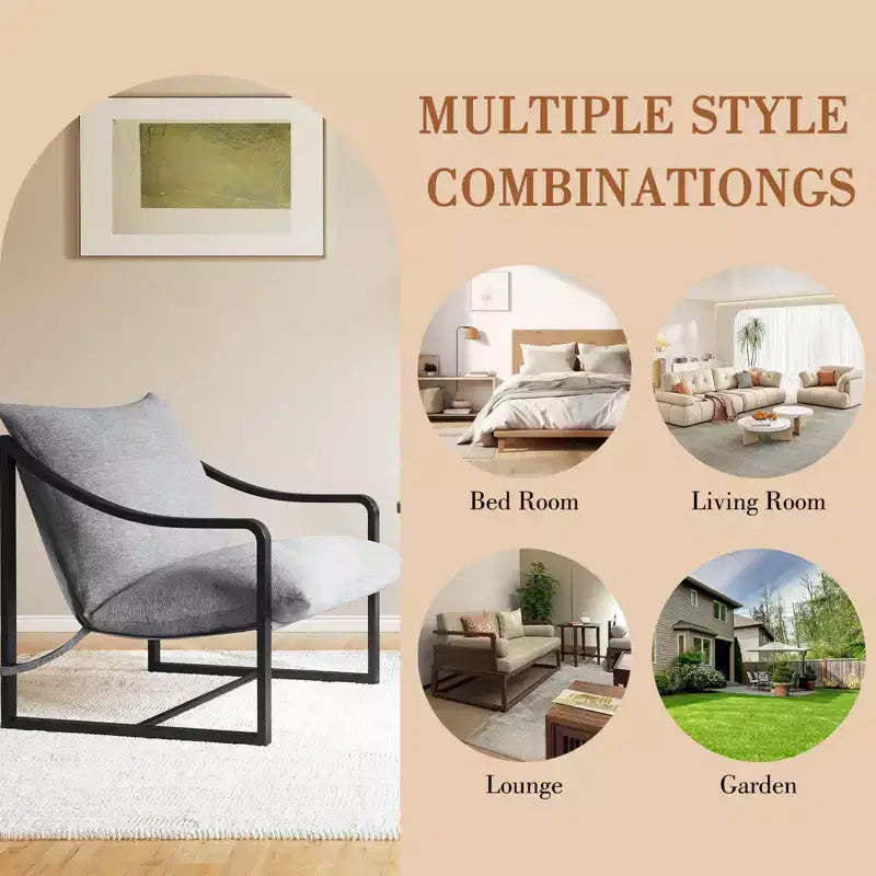 Fauteuil d'appoint Sling - Chaise de salon à cadre métallique avec coussins amovibles, montage facile, portable, pour cour, balcon, chambre à coucher