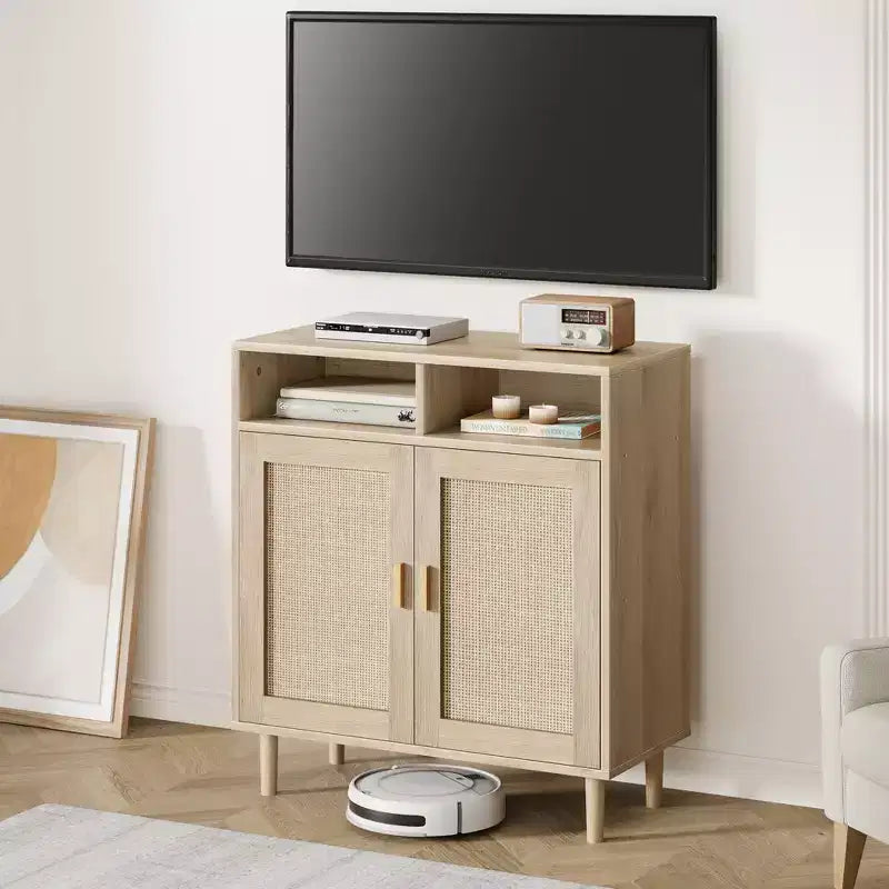 Buffet de rangement 36 po H, meuble de cuisine en rotin avec 2 portes/étagères, meuble d'appoint moderne pour salle à manger, salon, entrée, couloir, café-bar