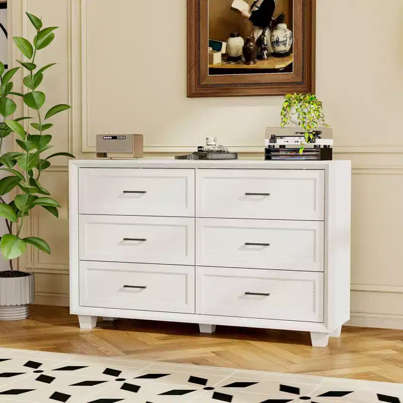 Buffet de Rangement Commode de Ferme Meuble d'Appoint avec 6 Tiroirs, Commode en Bois Blanc pour Chambre à Coucher, Salon, Couloir