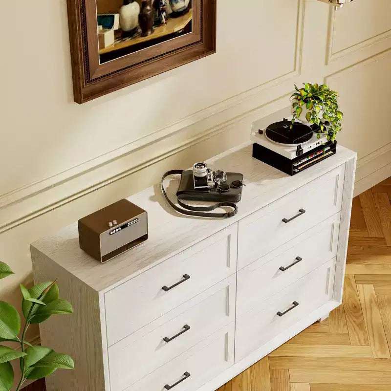 Buffet de Rangement Commode de Ferme Meuble d'Appoint avec 6 Tiroirs, Commode en Bois Blanc pour Chambre à Coucher, Salon, Couloir