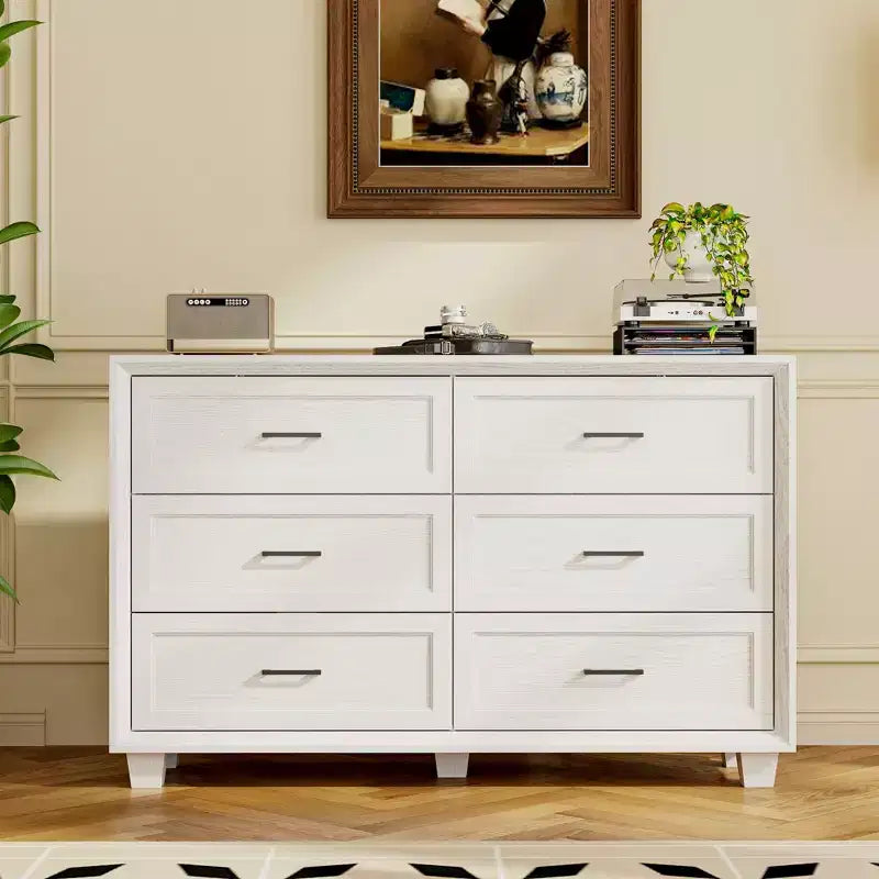 Famapy Farmhouse Buffet Storage Cabinet Dresser Accent Cabinet with 6 Drawers, White Wood Dresser for Bedroom, Living Room, Hallway