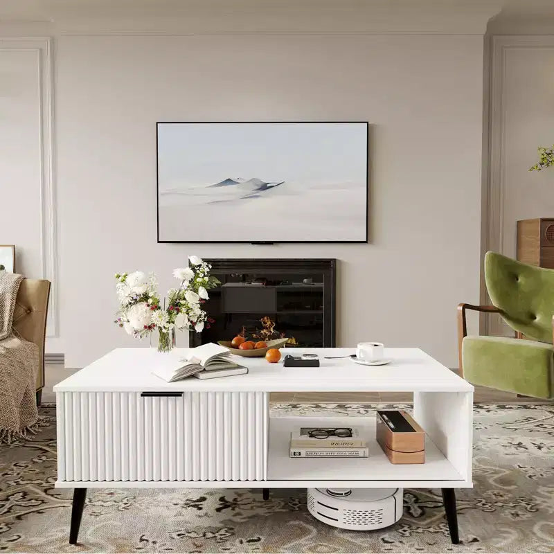 Table basse 41.34''D, Tables basses de style ferme à 2 niveaux avec rangement et porte coulissante à motif de vagues, Table à thé en bois moderne