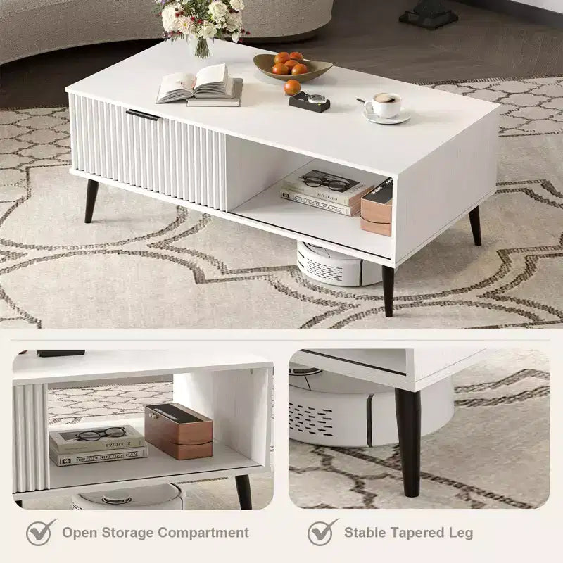 Table basse 41.34''D, Tables basses de style ferme à 2 niveaux avec rangement et porte coulissante à motif de vagues, Table à thé en bois moderne