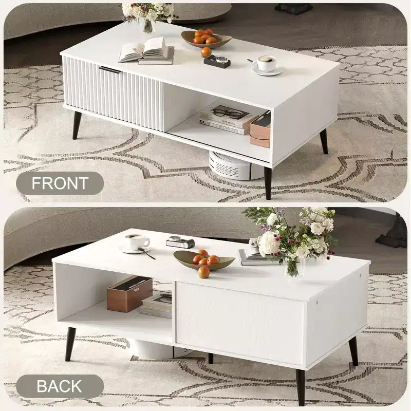 Table basse 41.34''D, Tables basses de style ferme à 2 niveaux avec rangement et porte coulissante à motif de vagues, Table à thé en bois moderne