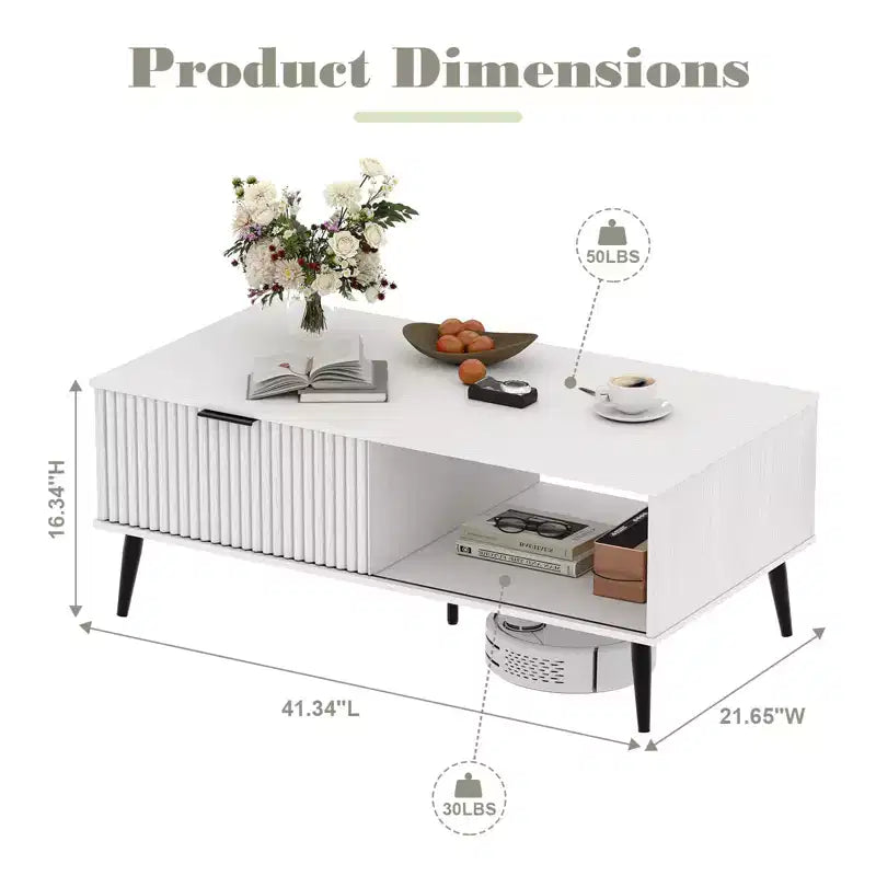 Table basse 41.34''D, Tables basses de style ferme à 2 niveaux avec rangement et porte coulissante à motif de vagues, Table à thé en bois moderne