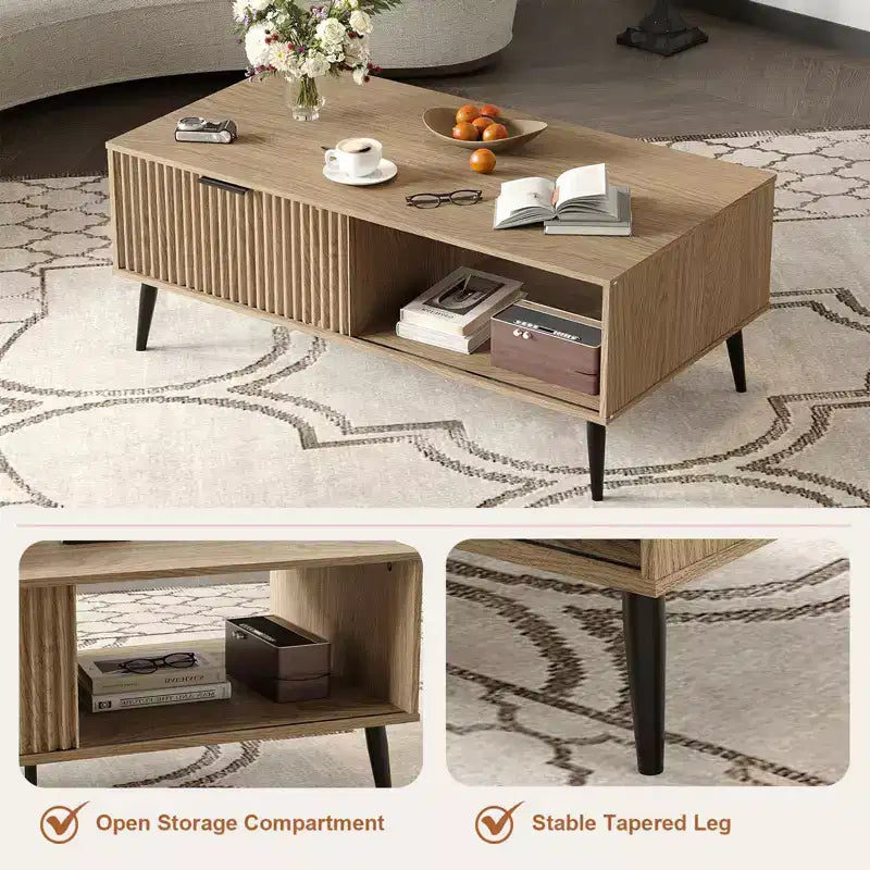 Table basse 41.34''D, Tables basses de style ferme à 2 niveaux avec rangement et porte coulissante à motif de vagues, Table à thé en bois moderne