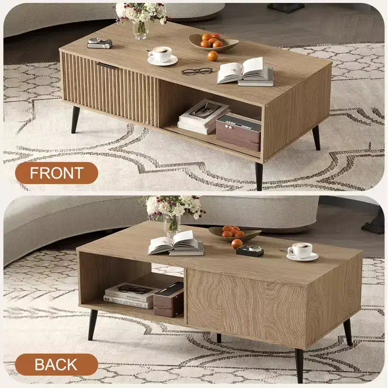 Table basse 41.34''D, Tables basses de style ferme à 2 niveaux avec rangement et porte coulissante à motif de vagues, Table à thé en bois moderne