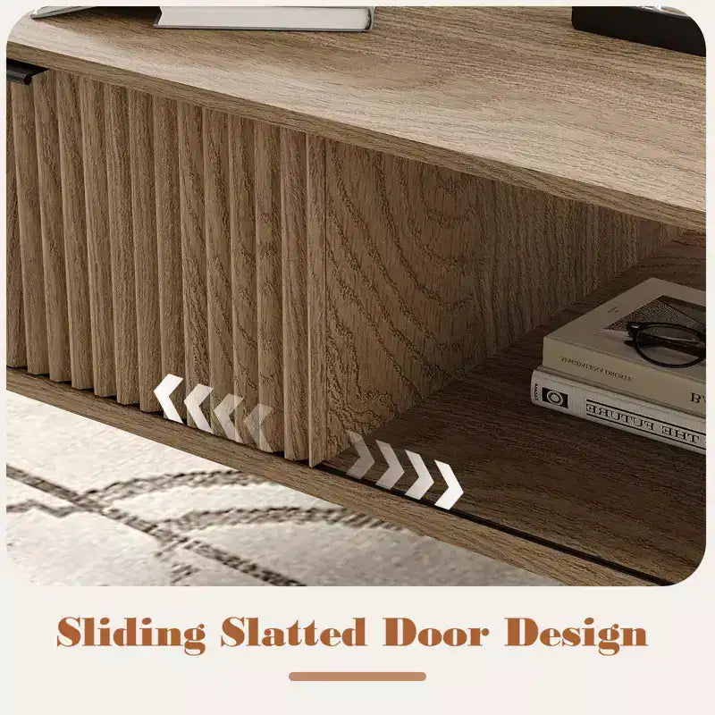Table basse 41.34''D, Tables basses de style ferme à 2 niveaux avec rangement et porte coulissante à motif de vagues, Table à thé en bois moderne