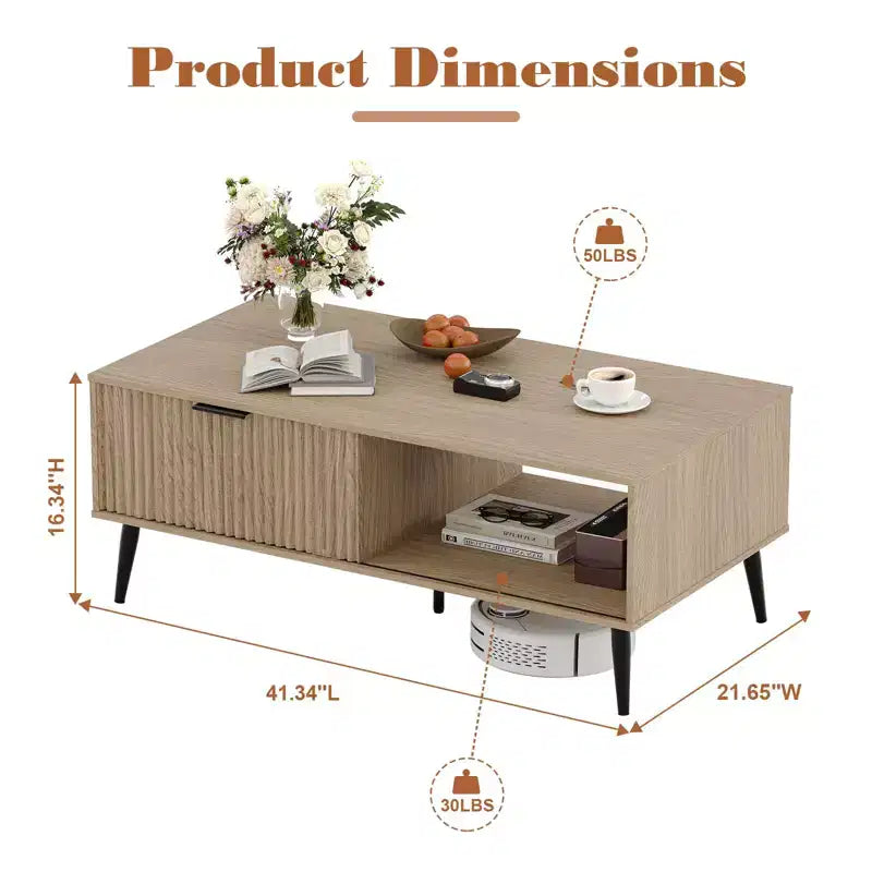 Table basse 41.34''D, Tables basses de style ferme à 2 niveaux avec rangement et porte coulissante à motif de vagues, Table à thé en bois moderne