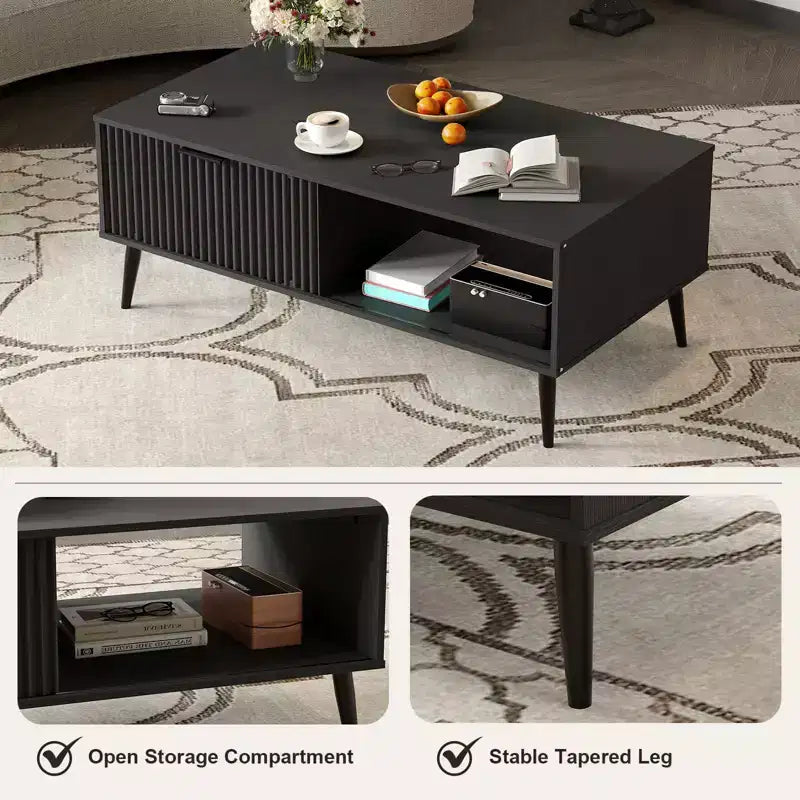Table basse 41.34''D, Tables basses de style ferme à 2 niveaux avec rangement et porte coulissante à motif de vagues, Table à thé en bois moderne