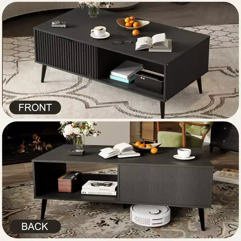 Table basse 41.34''D, Tables basses de style ferme à 2 niveaux avec rangement et porte coulissante à motif de vagues, Table à thé en bois moderne
