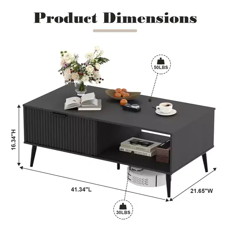 Table basse 41.34''D, Tables basses de style ferme à 2 niveaux avec rangement et porte coulissante à motif de vagues, Table à thé en bois moderne