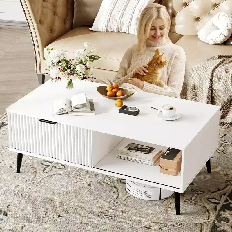 Table basse 41.34''D, Tables basses de style ferme à 2 niveaux avec rangement et porte coulissante à motif de vagues, Table à thé en bois moderne