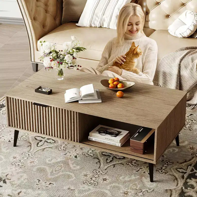 Table basse 41.34''D, Tables basses de style ferme à 2 niveaux avec rangement et porte coulissante à motif de vagues, Table à thé en bois moderne