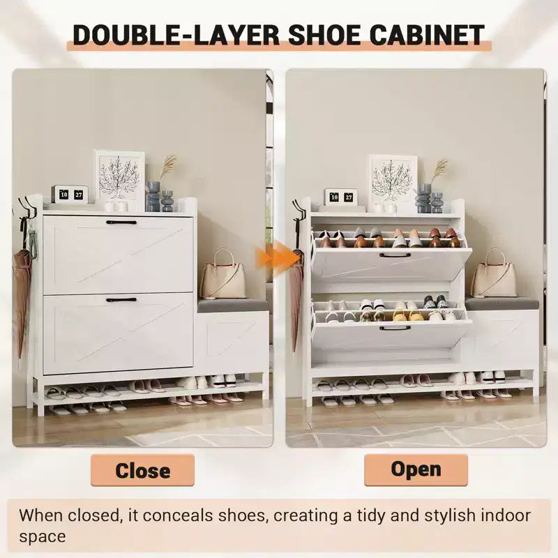 Meuble à Chaussures avec 2 Tiroirs Basculants, Meuble d'Entrée avec Banc à Chaussures & 2 Patères pour Hall d'Entrée, Salon, Bois Antiseptique