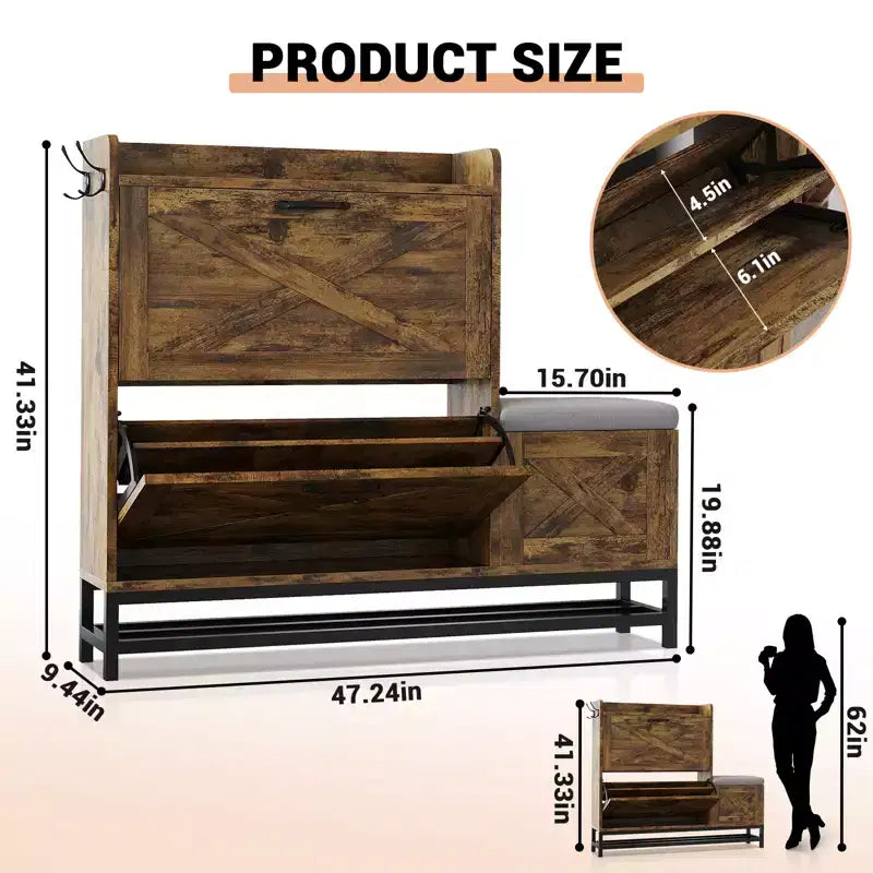 Meuble à Chaussures avec 2 Tiroirs Basculants, Meuble d'Entrée avec Banc à Chaussures & 2 Patères pour Hall d'Entrée, Salon, Bois Antiseptique