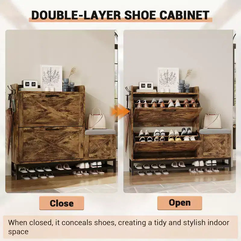 Meuble à Chaussures avec 2 Tiroirs Basculants, Meuble d'Entrée avec Banc à Chaussures & 2 Patères pour Hall d'Entrée, Salon, Bois Antiseptique
