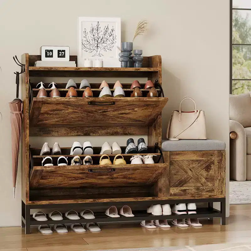 Shoe Cabinet with 2 Flip Drawers, Entryway Cabinet with Shoe Bench & 2 Hooks for Entryway Hallway, Living Room, Antiseptic Wood