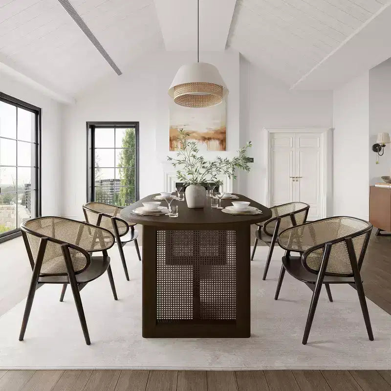 Table à manger ovale Dovelina noire avec double piédestal en rotin pour 6 personnes, 67 po.