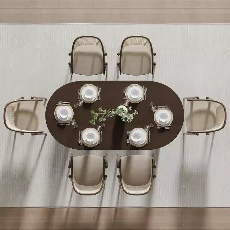 Table à manger ovale Dovelina noire avec double piédestal en rotin pour 6 personnes, 67 po.