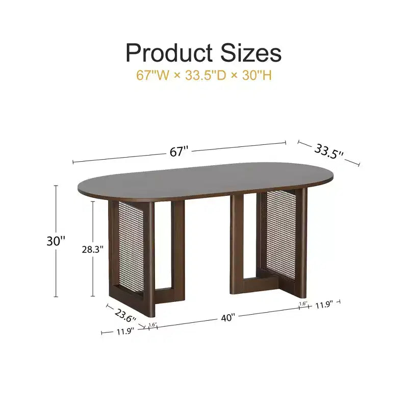 Table à manger ovale Dovelina noire avec double piédestal en rotin pour 6 personnes, 67 po.