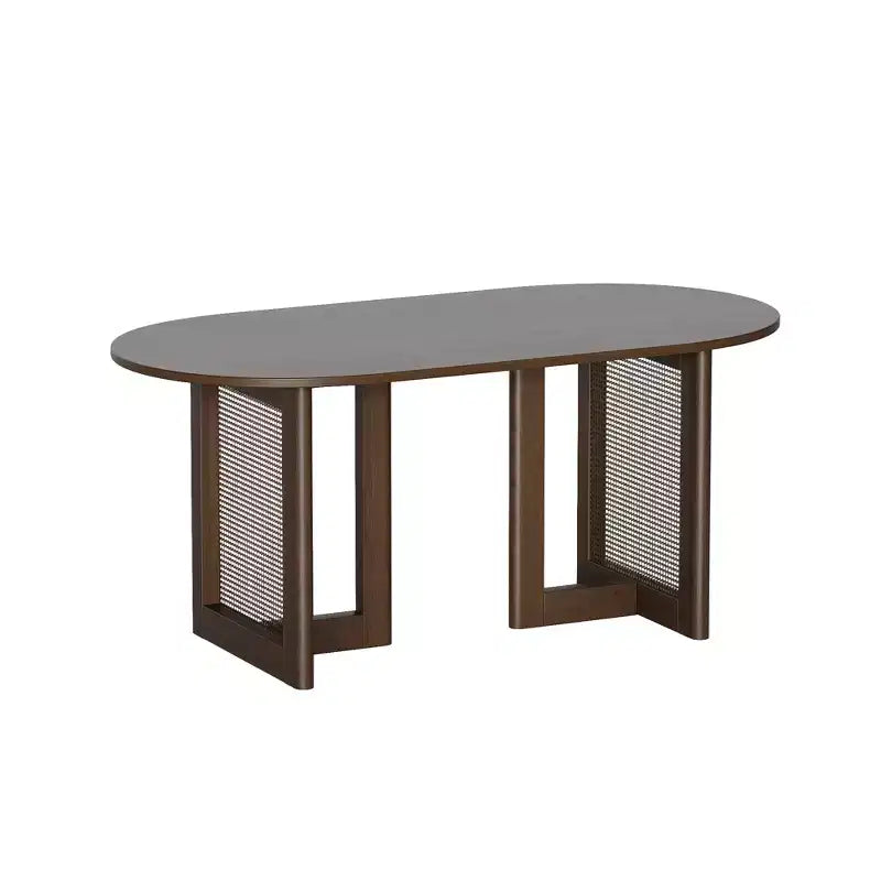Table à manger ovale Dovelina noire avec double piédestal en rotin pour 6 personnes, 67 po.