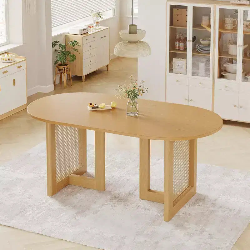 Table à manger ovale Dovelina noire avec double piédestal en rotin pour 6 personnes, 67 po.