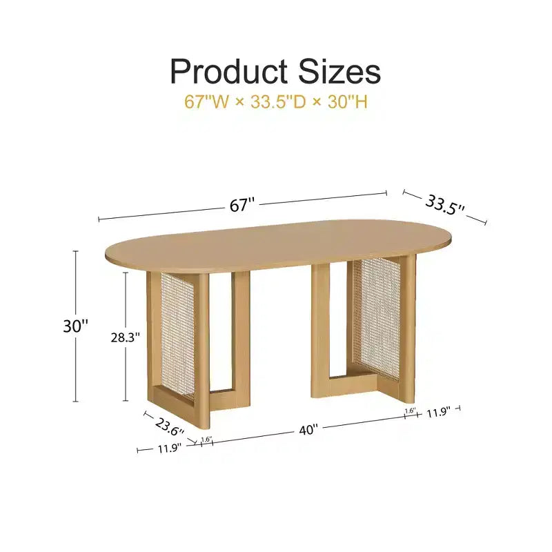 Table à manger ovale Dovelina noire avec double piédestal en rotin pour 6 personnes, 67 po.