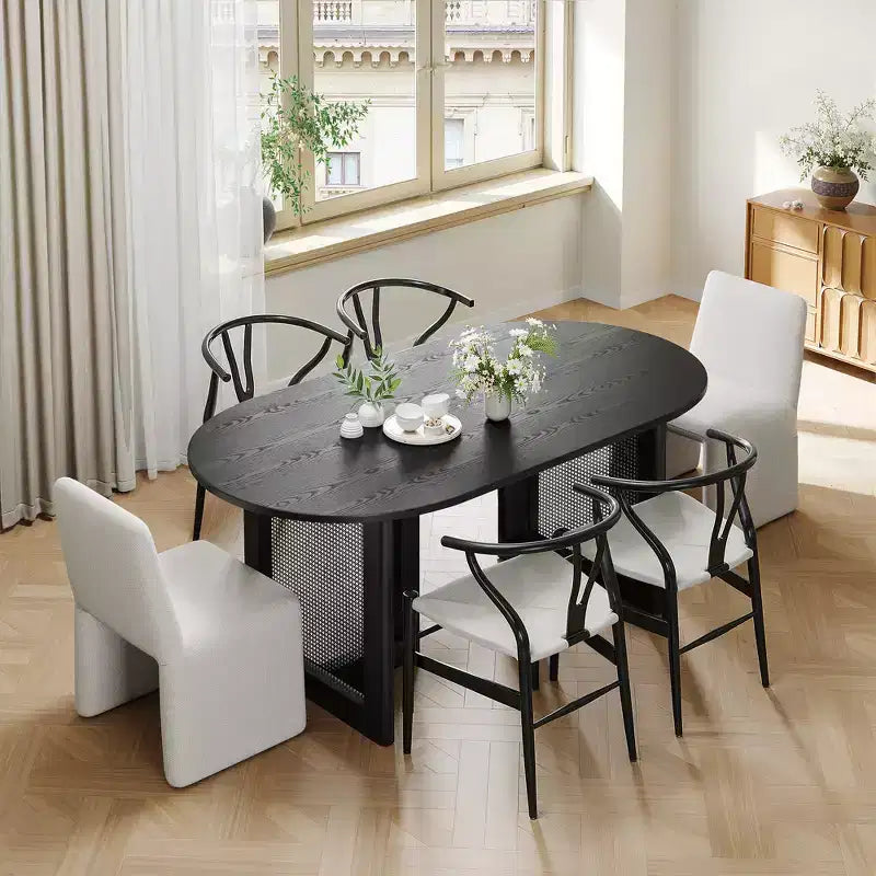 Table à manger ovale Dovelina noire avec double piédestal en rotin pour 6 personnes, 67 po.
