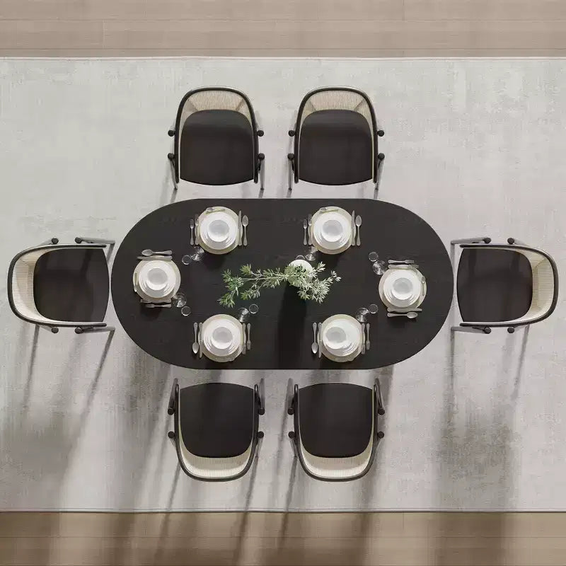Table à manger ovale Dovelina noire avec double piédestal en rotin pour 6 personnes, 67 po.