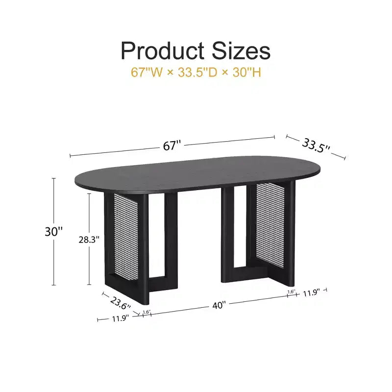 Table à manger ovale Dovelina noire avec double piédestal en rotin pour 6 personnes, 67 po.