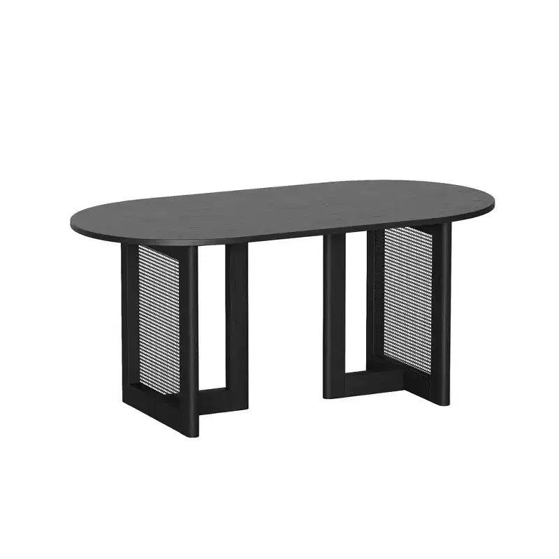 Table à manger ovale Dovelina noire avec double piédestal en rotin pour 6 personnes, 67 po.