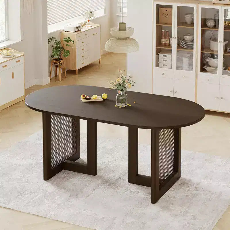 67 Dovelina Black Oval Dining Table with Rattan Double Pedestal for 6 People
