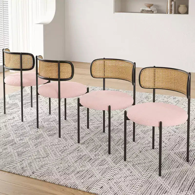 PexFix 4Pcs Modern Upholstered Dining Chairs Rattan Back Dining Room Chairs Accent Kitchen Chairs with Metal Legs Pink