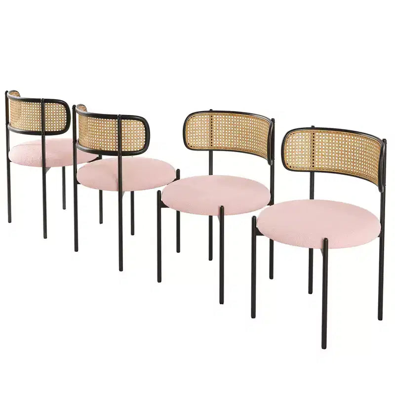 Chaises de salle à manger modernes rembourrées, dossier en rotin avec pieds en métal rose