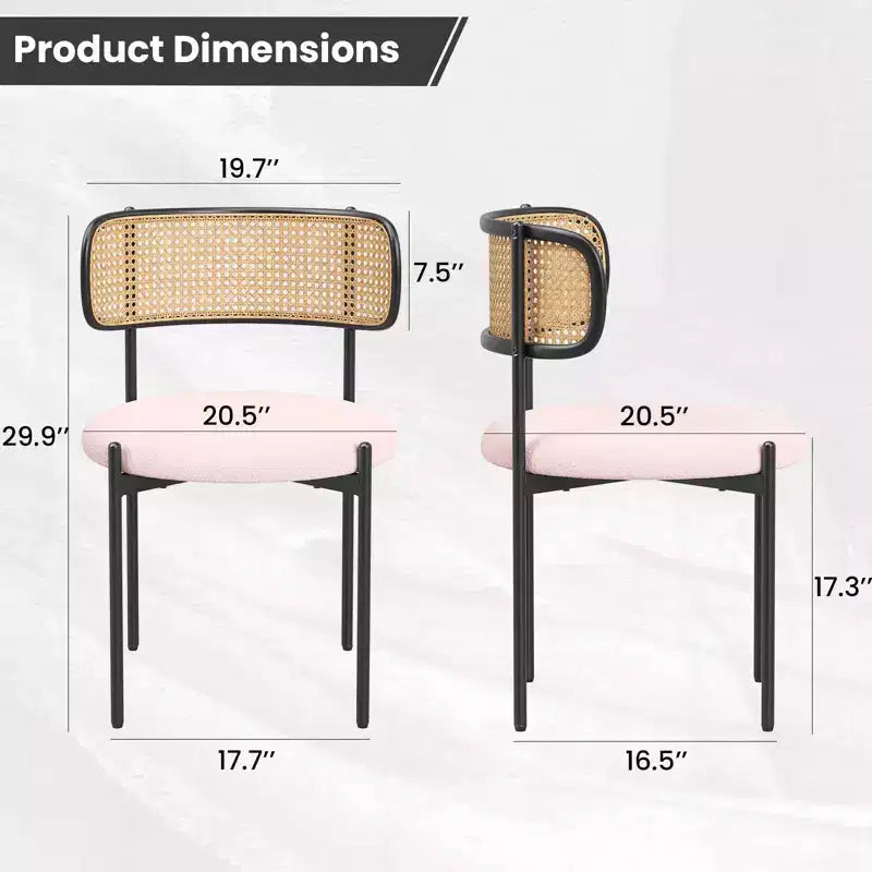 Chaises de salle à manger modernes rembourrées, dossier en rotin avec pieds en métal rose