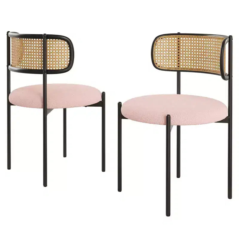 Chaises de salle à manger modernes rembourrées, dossier en rotin avec pieds en métal rose