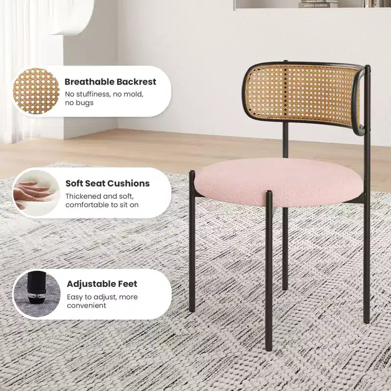 Chaises de salle à manger modernes rembourrées, dossier en rotin avec pieds en métal rose