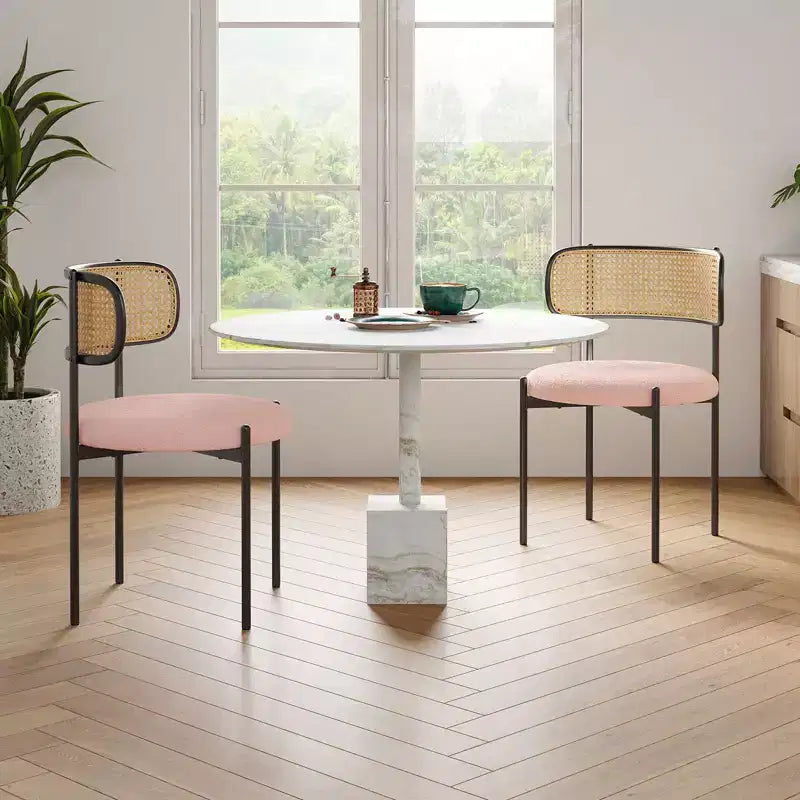 Chaises de salle à manger modernes rembourrées, dossier en rotin avec pieds en métal rose