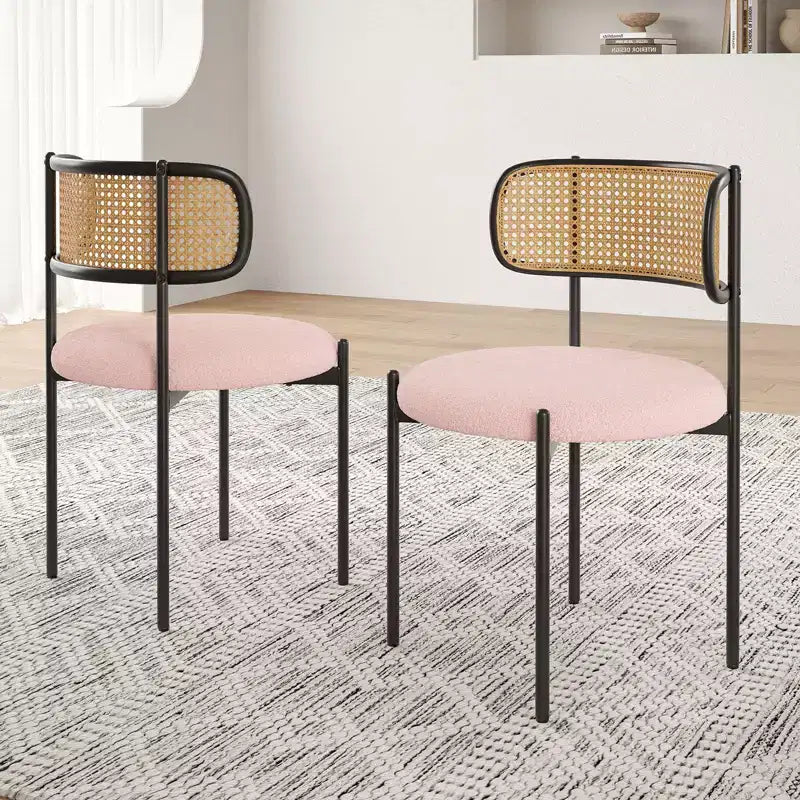 Chaises de salle à manger modernes rembourrées, dossier en rotin avec pieds en métal rose